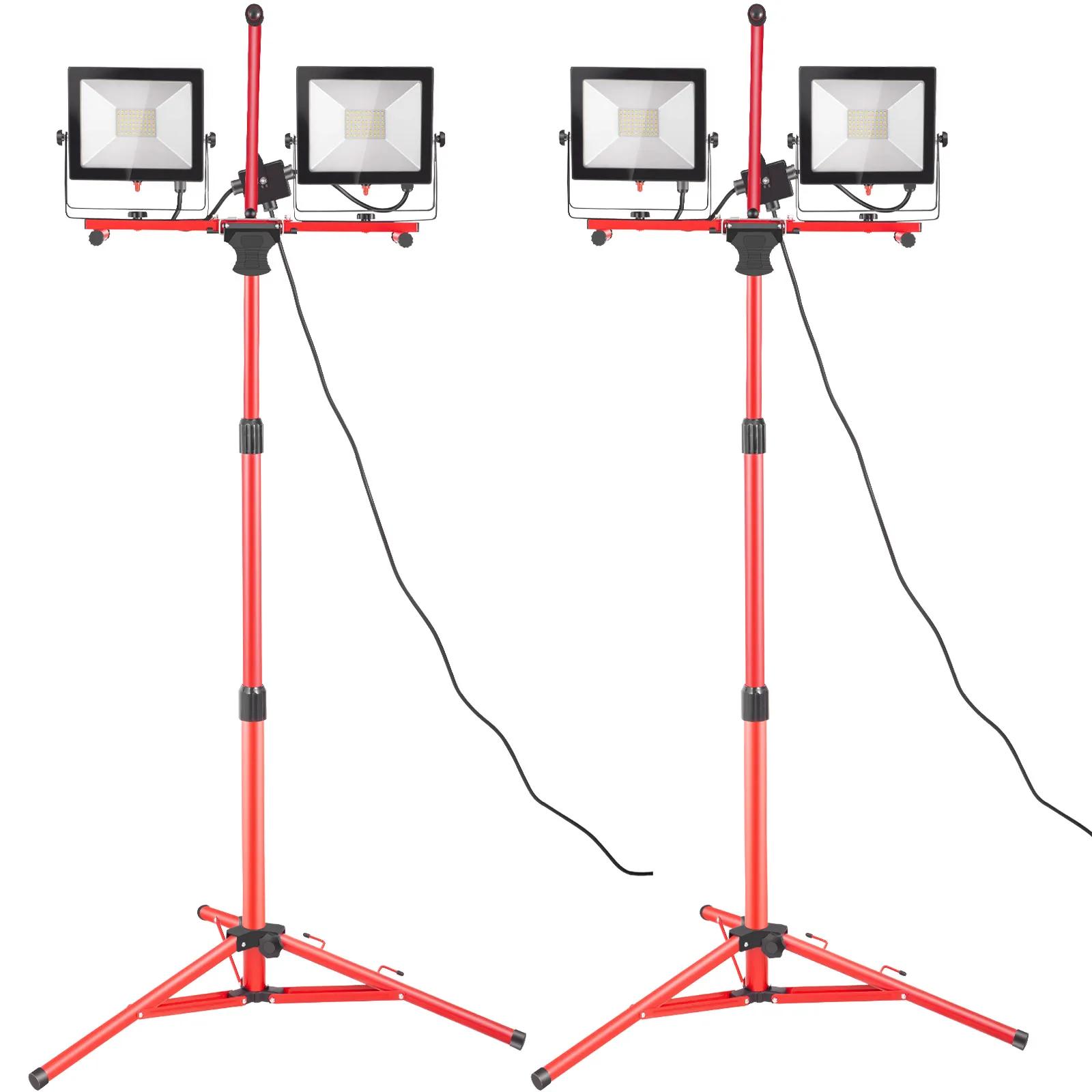 dual VEVOR led work light on adjustable red tripods with black cords.