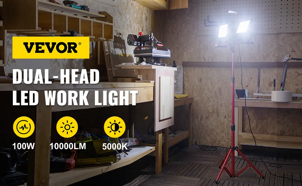 VEVOR led work light illuminating a workbench with 100w power, 10000lm brightness, and 5000k color.