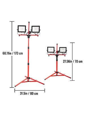 red VEVOR led work light with adjustable tripod stand, 68.11in and 27.56in heights.