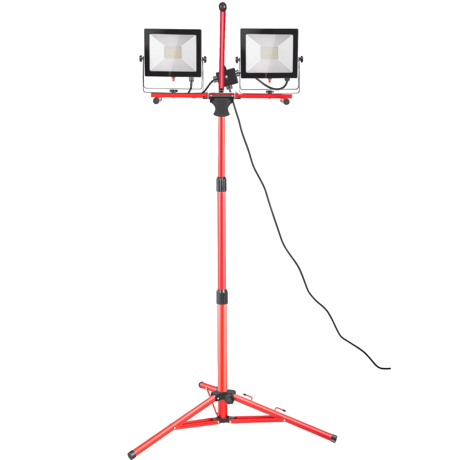 red dual-head VEVOR led work light on a tripod stand with an adjustable height.
