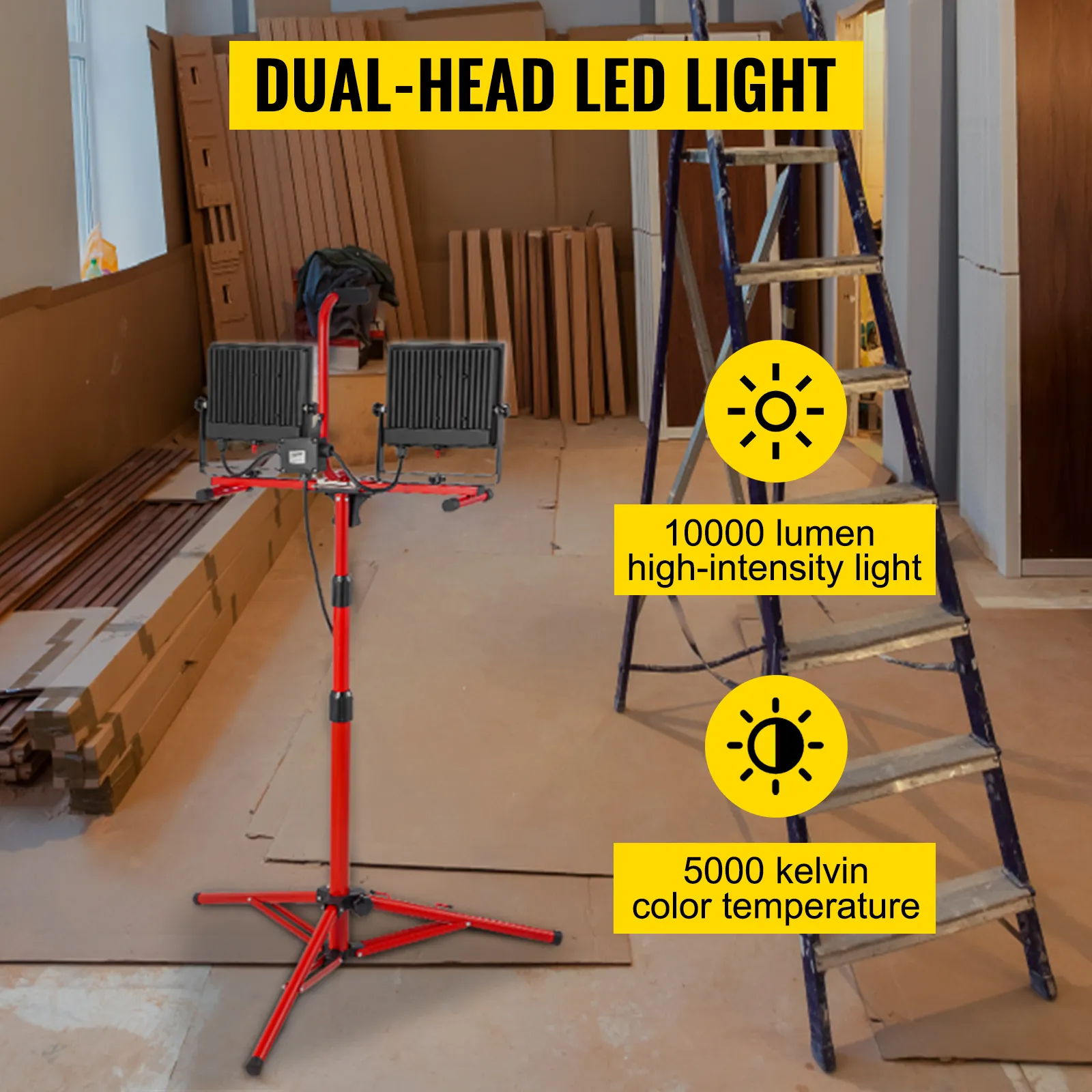 VEVOR led work light with dual-head, 10000 lumens, and 5000 kelvin in a workshop.
