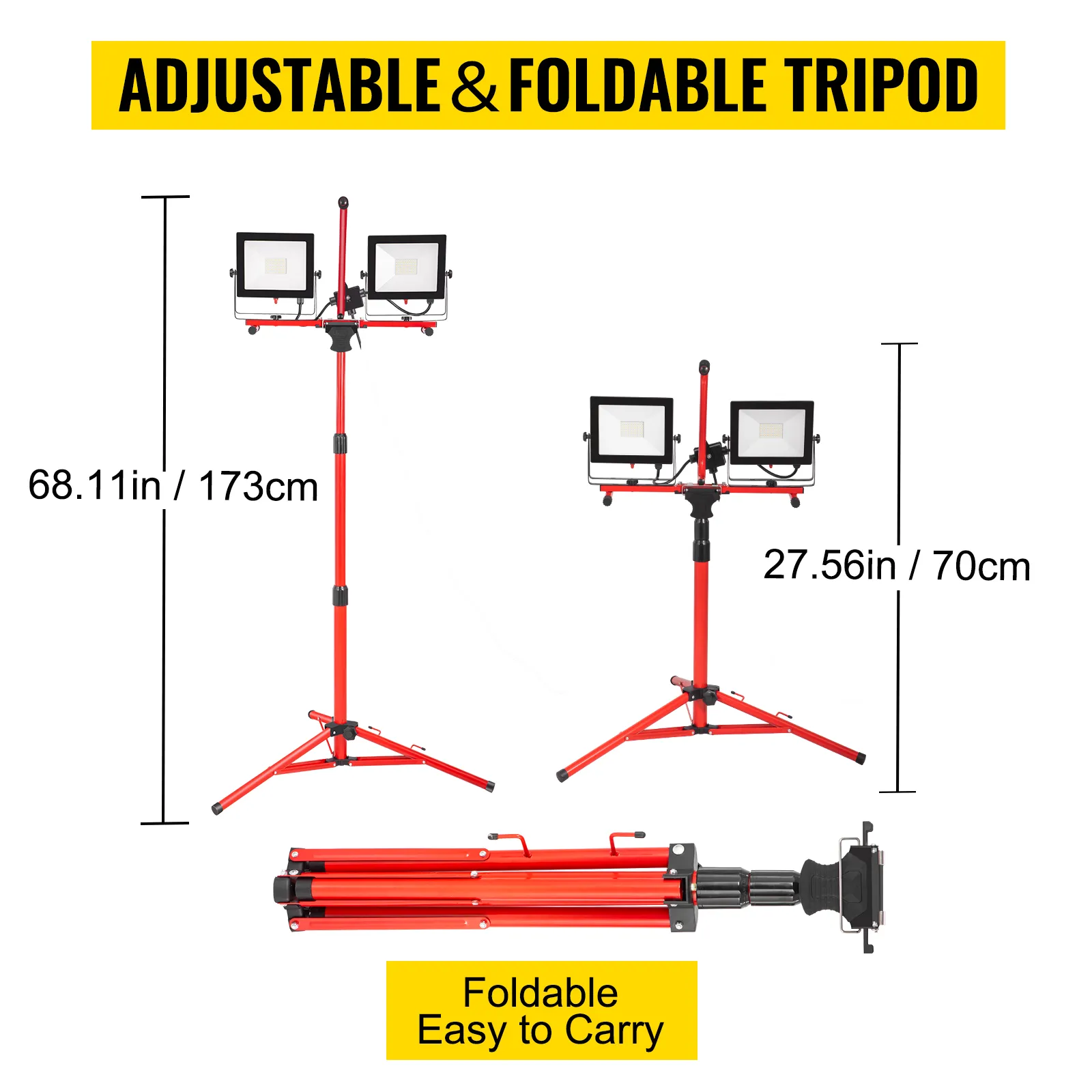 VEVOR led work light with adjustable foldable tripod, height 68.11in to 27.56in.