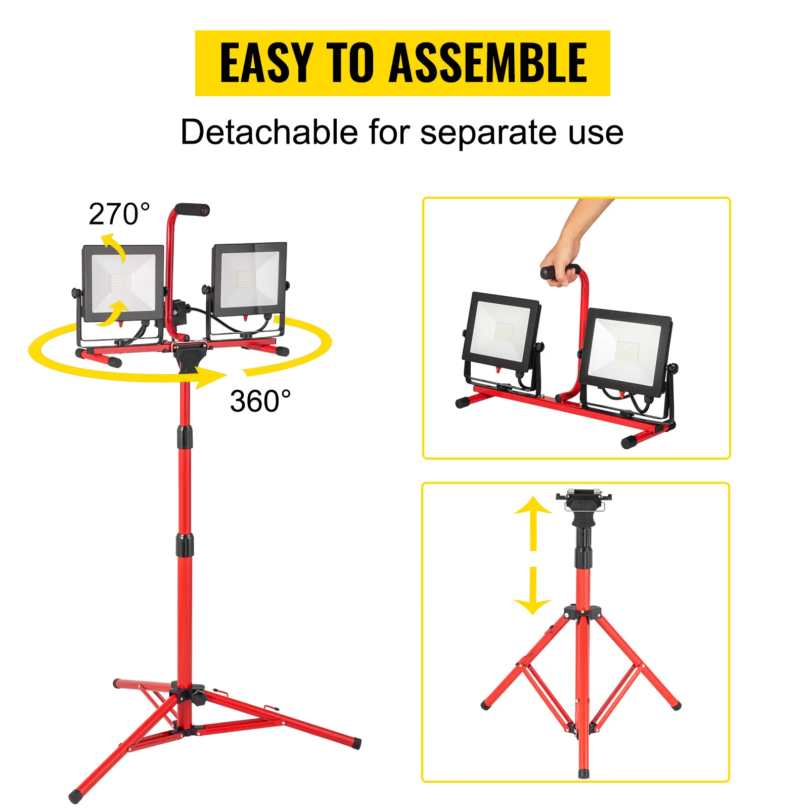 VEVOR led work light, adjustable angles, detachable for separate use, easy to assemble.