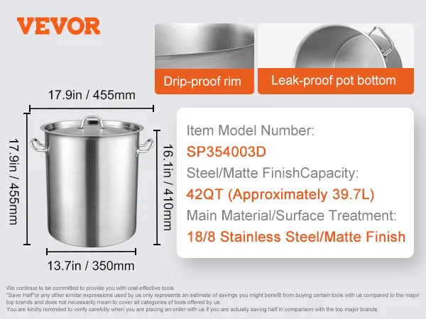 Pentola in acciaio inox VEVOR con bordo antigoccia, fondo anti-perdita, finitura opaca resistente all'olio, 42 qt.