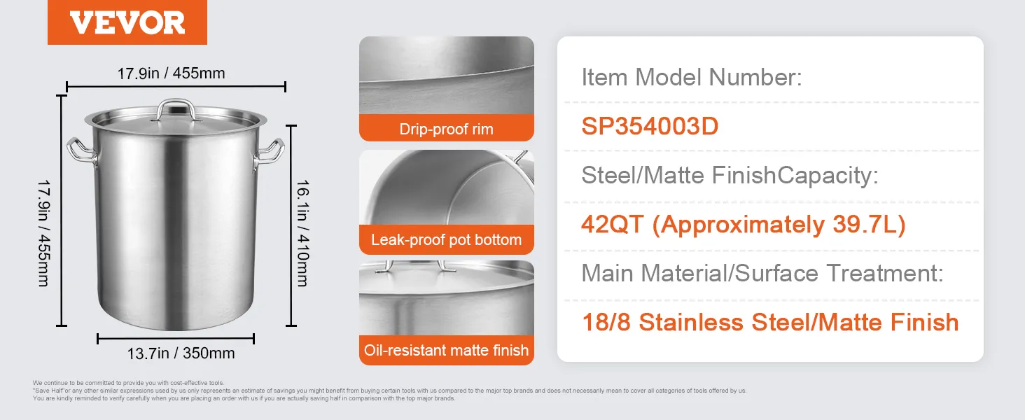 Pentola in acciaio inox VEVOR con bordo antigoccia, fondo anti-perdita, finitura opaca resistente all'olio, 42 qt.