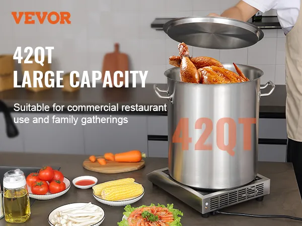 Pentola in acciaio inox VEVOR da 42 litri con tacchino arrosto, verdure e utensili da cucina.