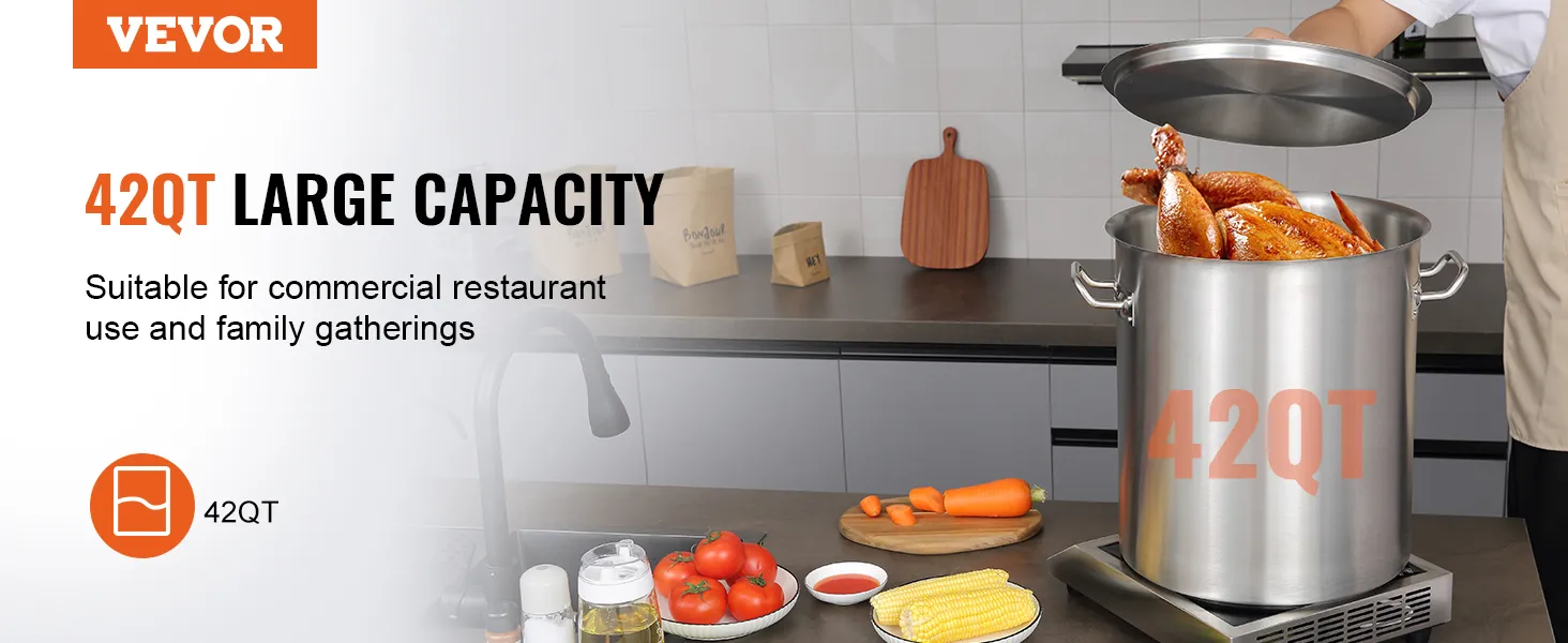 Pentola in acciaio inox VEVOR da 42 litri con tacchino arrosto, verdure e utensili da cucina.