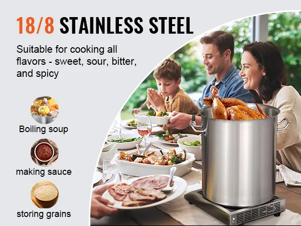 cena in famiglia all'aperto con la pentola in acciaio inossidabile VEVOR sul fornello, per servire pollo e varie pietanze.