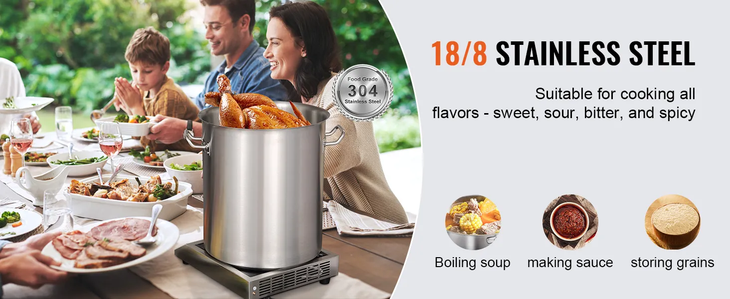 cena in famiglia all'aperto con la pentola in acciaio inossidabile VEVOR sul fornello, per servire pollo e varie pietanze.