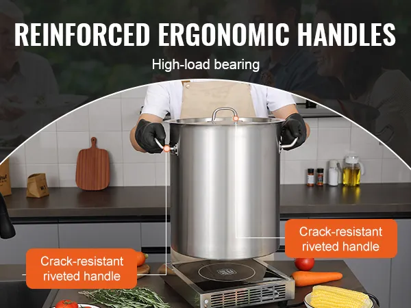 manici ergonomici rinforzati su una pentola in acciaio inox VEVOR in una cucina con verdure.