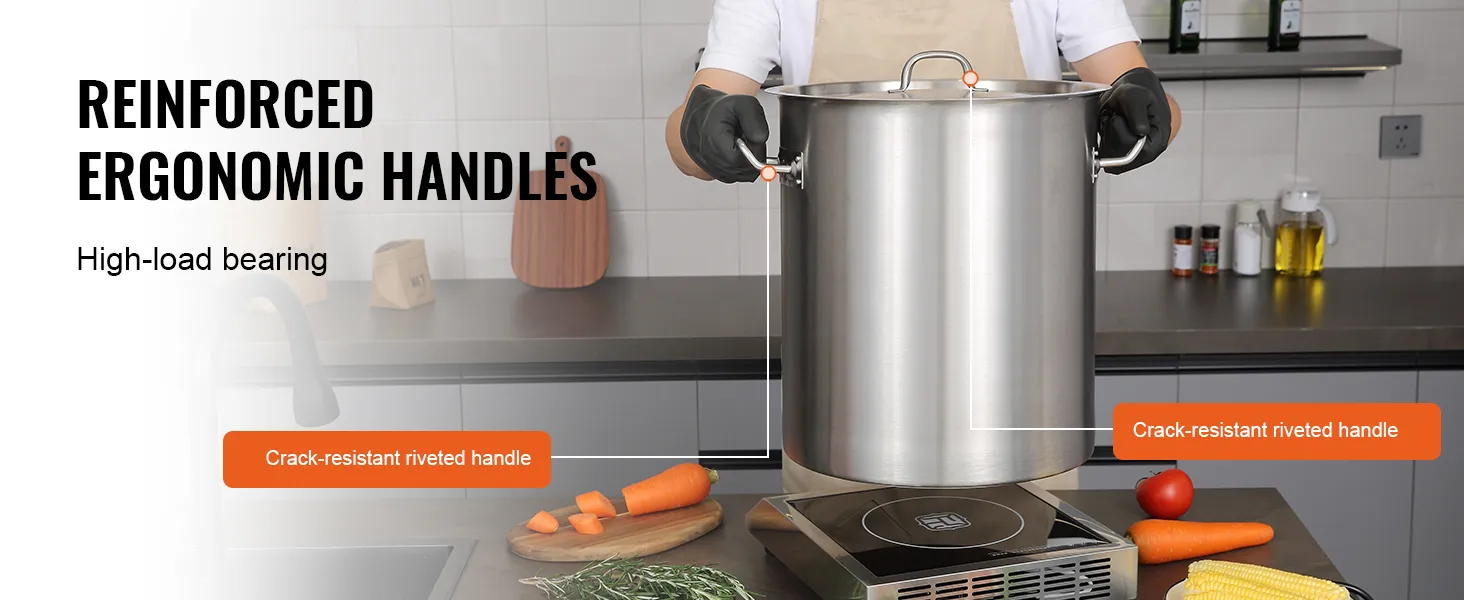 manici ergonomici rinforzati su una pentola in acciaio inox VEVOR in una cucina con verdure.