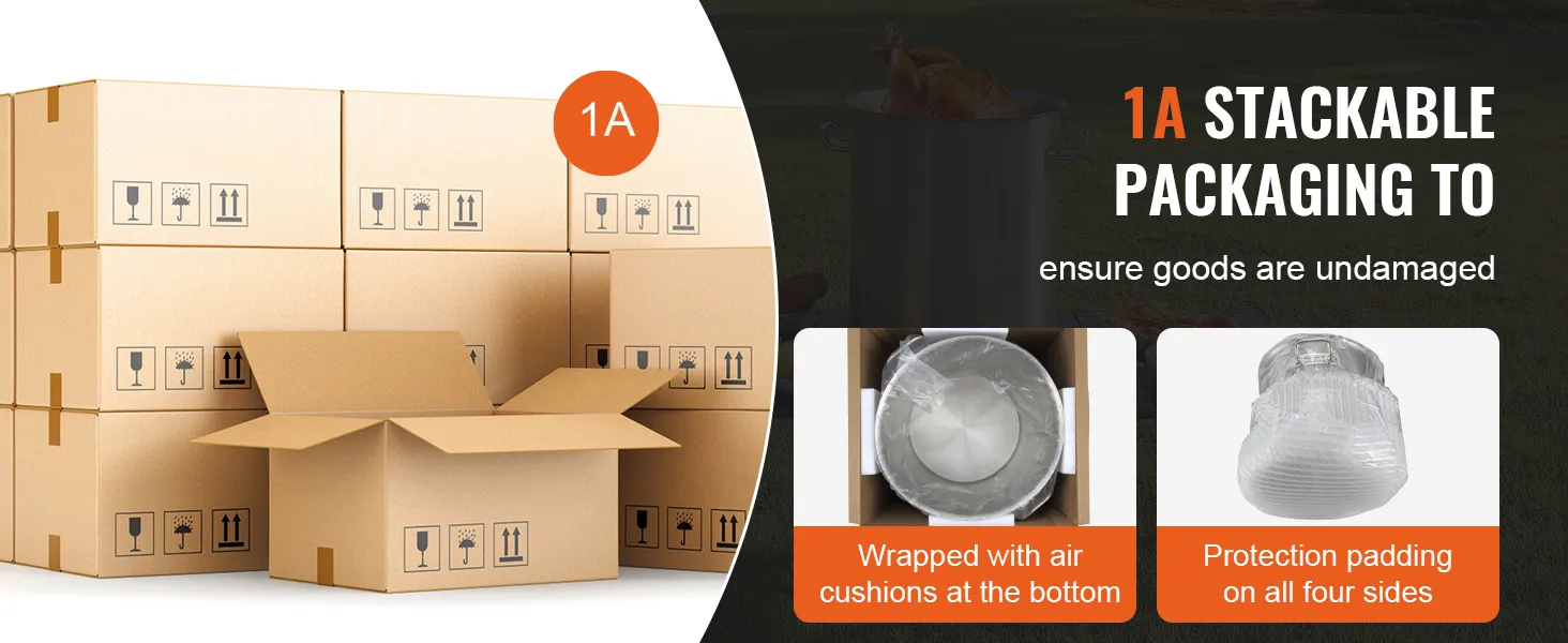 imballaggio impilabile che garantisce la protezione della pentola in acciaio inossidabile VEVOR con cuscini d'aria e imbottitura.