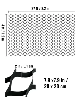 VEVOR ground grid, 27 ft x 4 ft mesh with 2 in cell depth, 7.9 x 7.9 in cell size.