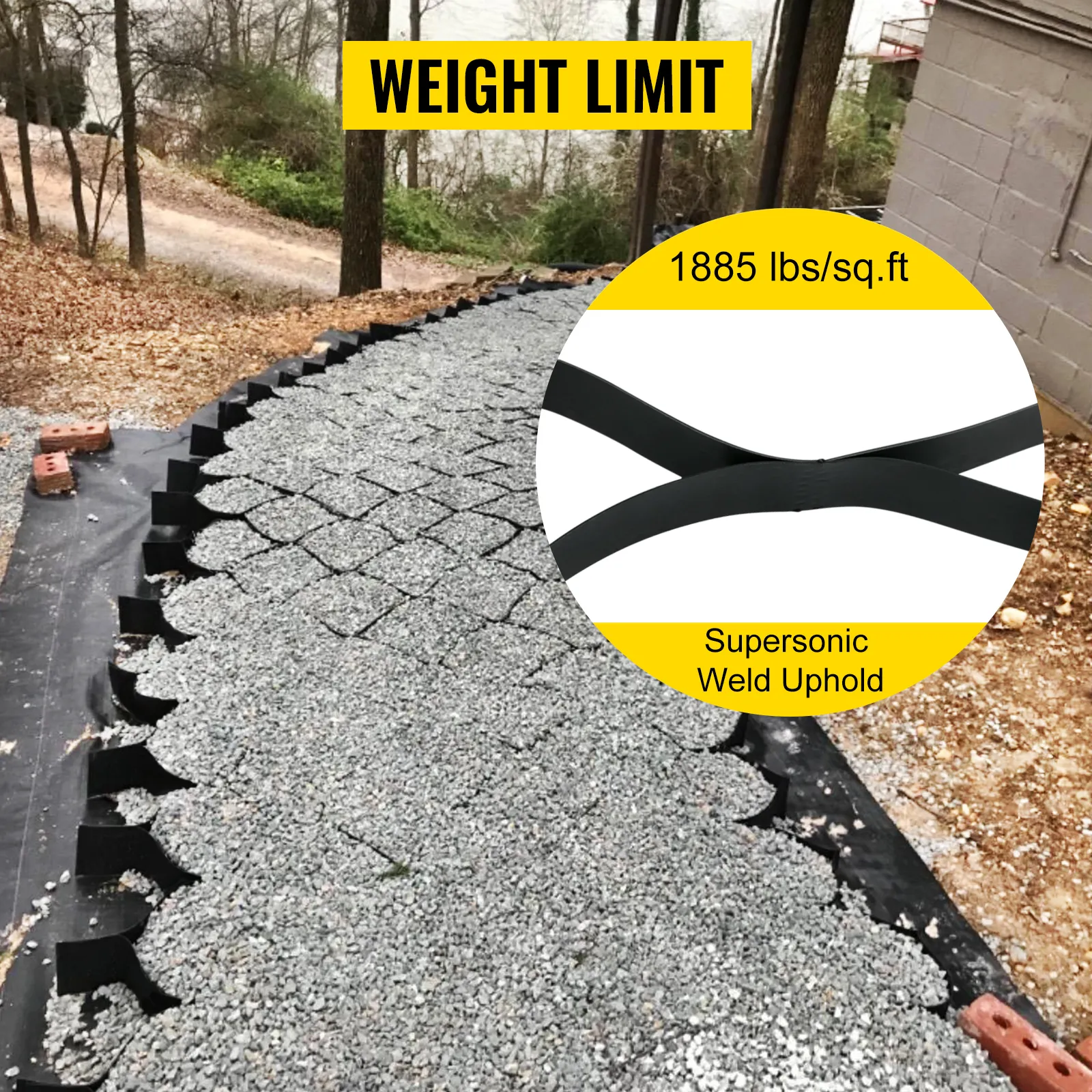 VEVOR ground grid supporting weight limit of 1885 lbs/sq.ft with supersonic weld uphold.