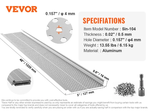 VEVOR gutter guard 48"x5" aluminum, 0.02" thick, 0.157" hole size, screws and bit included.