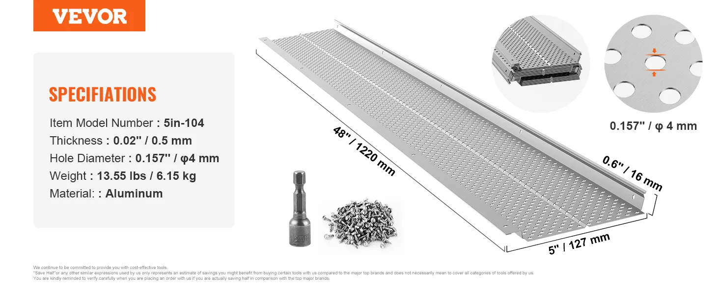 VEVOR gutter guard 48"x5" aluminum, 0.02" thick, 0.157" hole size, screws and bit included.