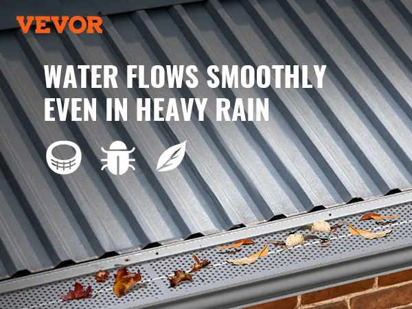 VEVOR gutter guard on a metal roof with fallen leaves, ensuring smooth water flow during heavy rain.