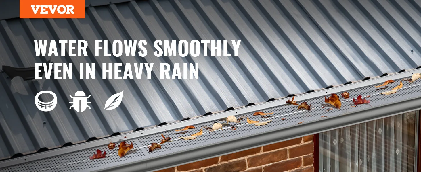 VEVOR gutter guard on a metal roof with fallen leaves, ensuring smooth water flow during heavy rain.