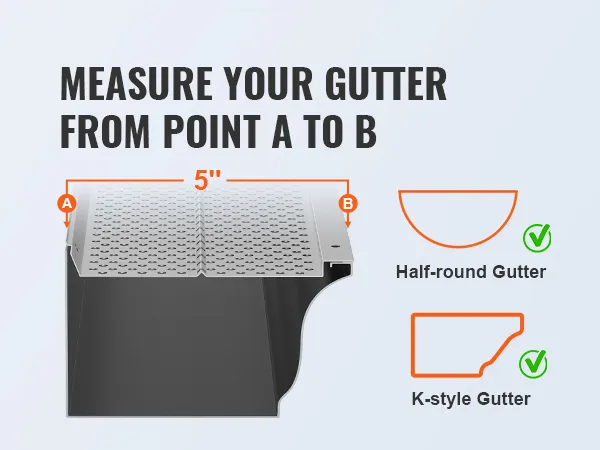 VEVOR gutter guard measurement instructions for half-round and k-style gutters, 5 inches wide.