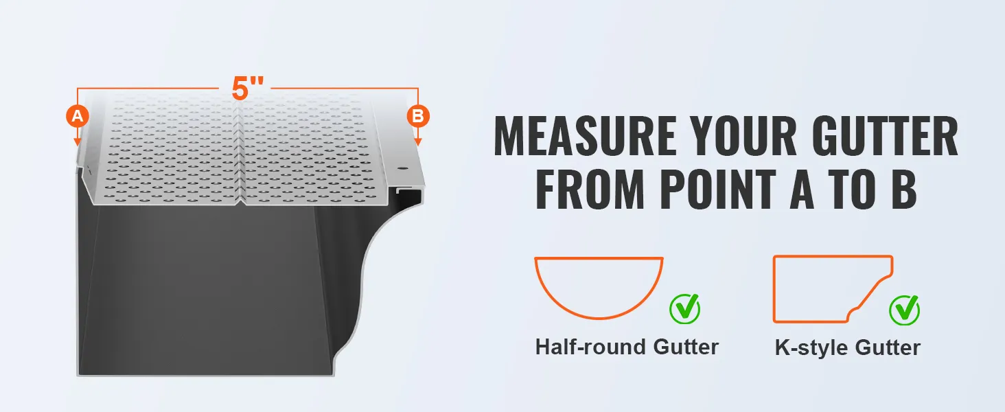 VEVOR gutter guard measurement instructions for half-round and k-style gutters, 5 inches wide.