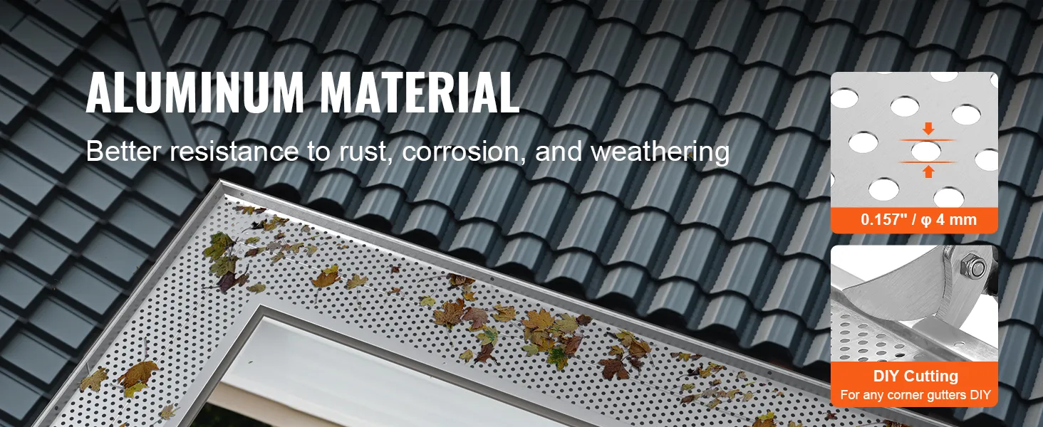 VEVOR gutter guard with aluminum material and diy cutting, showcasing rust and weather resistance.