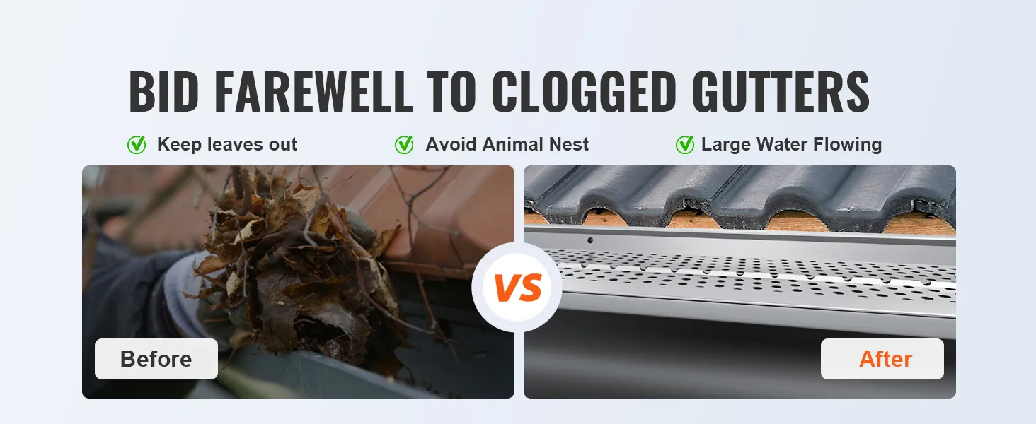before and after comparison of gutter with VEVOR gutter guard, highlighting leaf and animal nest prevention.