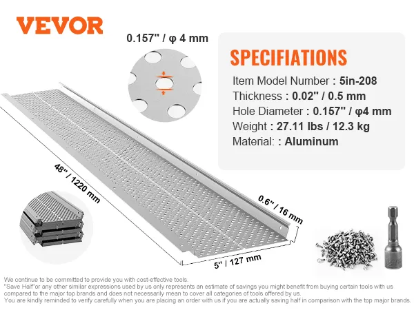 VEVOR gutter guard, model 5in-208, aluminum, 0.02" thickness, 0.157" hole diameter, 48" length.