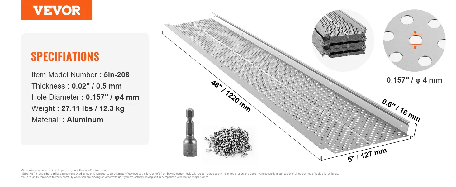 VEVOR gutter guard, model 5in-208, aluminum, 0.02" thickness, 0.157" hole diameter, 48" length.