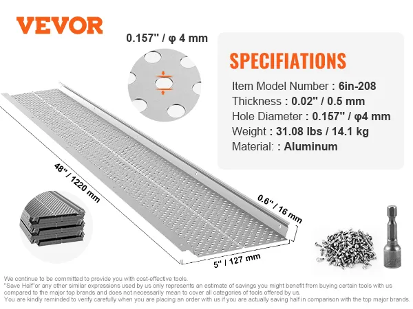 Protector de canalones VEVOR con modelo 6in-208, aluminio de 0,5 mm, diámetro de orificio de 4 mm, longitud de 48 pulgadas, tornillos incluidos.