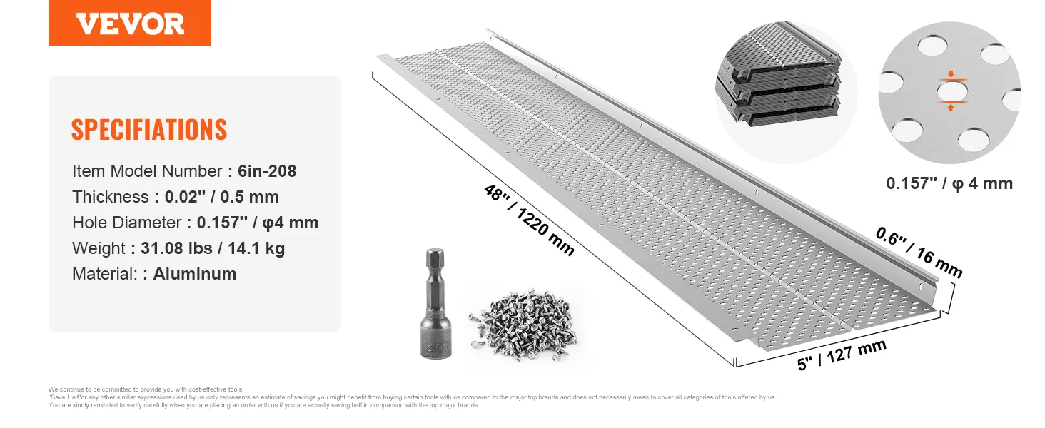 Protector de canalones VEVOR con modelo 6in-208, aluminio de 0,5 mm, diámetro de orificio de 4 mm, longitud de 48 pulgadas, tornillos incluidos.