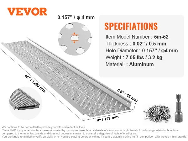 VEVOR Dachrinnenschutz mit 5-Zoll-52-Modell, 48 Zoll Aluminium, 0,5 mm Dicke, inklusive Schrauben und Bohrer.