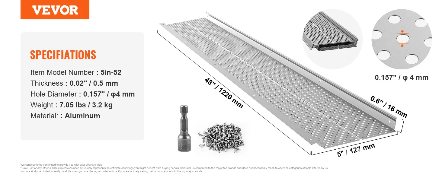 VEVOR Dachrinnenschutz mit 5-Zoll-52-Modell, 48 Zoll Aluminium, 0,5 mm Dicke, inklusive Schrauben und Bohrer.