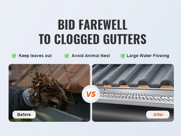 VEVOR-Dachrinnenschutz: Vorher- und Nachher-Bilder zeigen Dachrinnen mit Blättern und sauber funktionierende Dachrinnen.