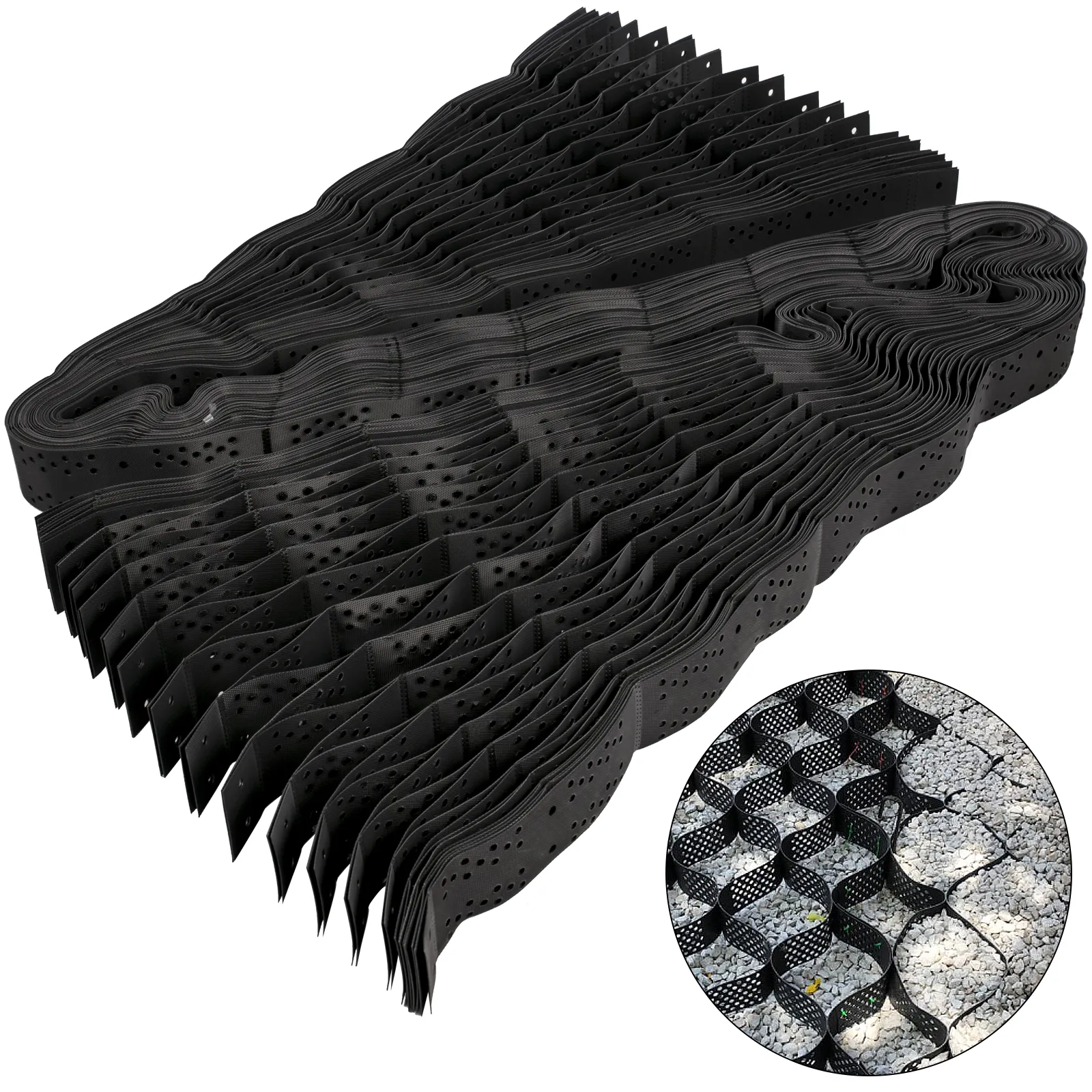 Estructura de rejilla de HDPE negra para estabilización de suelo con georejilla VEVOR con celdas rellenas de grava.