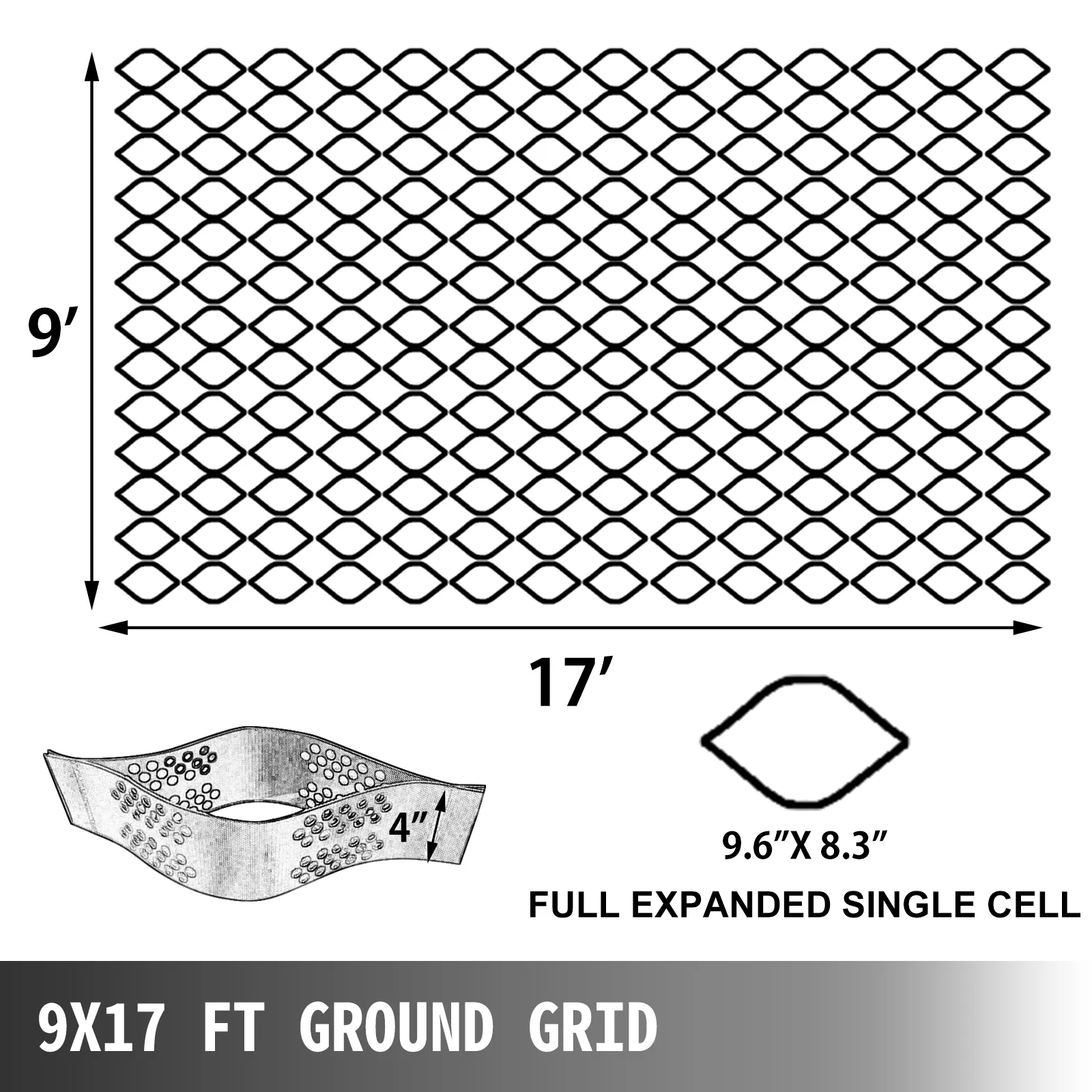 Estabilización de suelo con rejilla geo VEVOR de 9 x 17 pies con 4" de profundidad y tamaño de celda de 9,6" x 8,3".