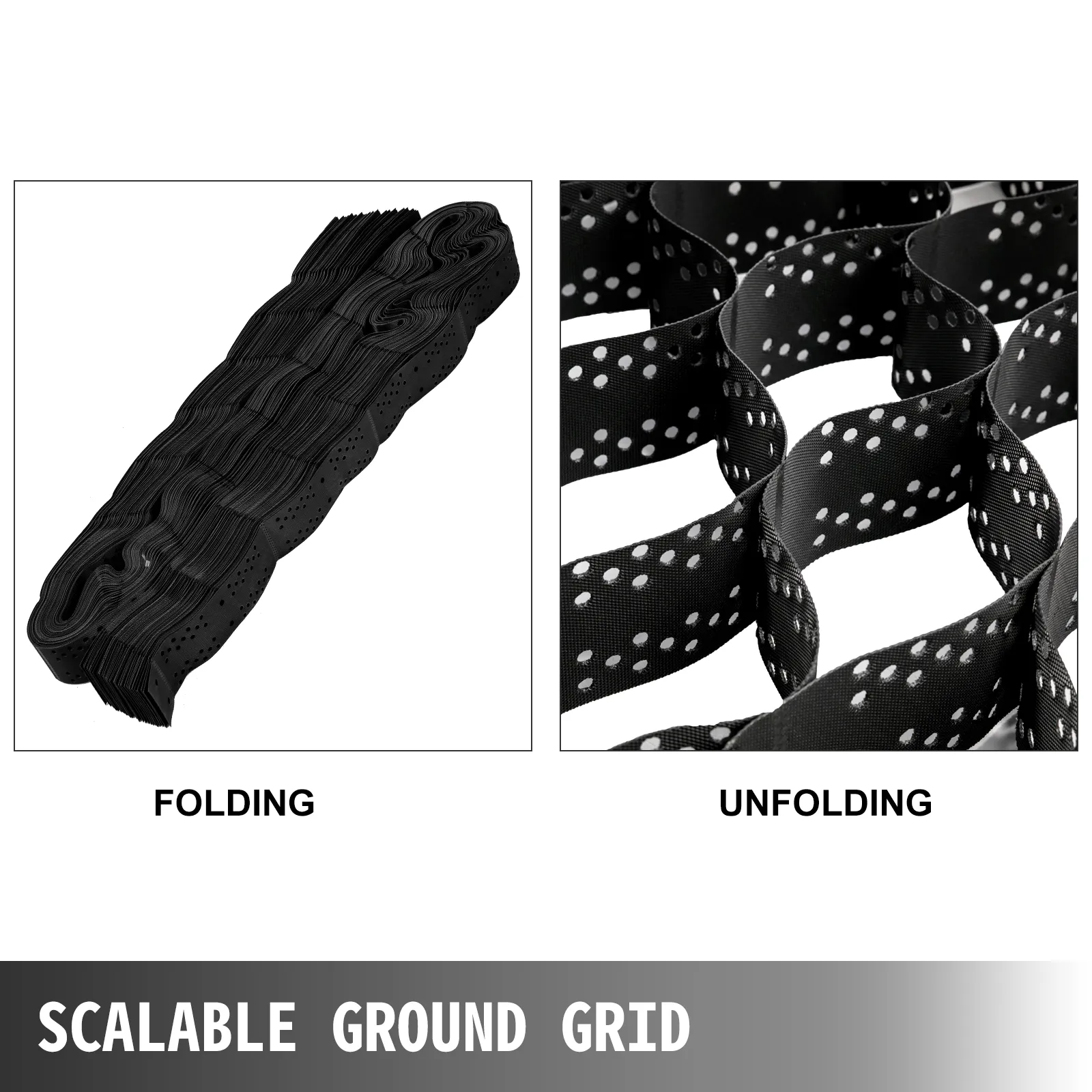 Estabilización de suelo con geomalla VEVOR plegada y desplegada para un soporte de suelo escalable.