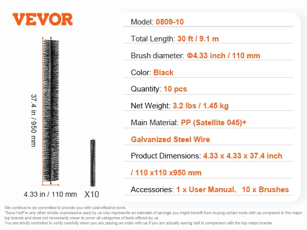 VEVOR gutter brush, 30 ft total length, black, brush diameter 4.33 in, 10 pcs set with user manual.