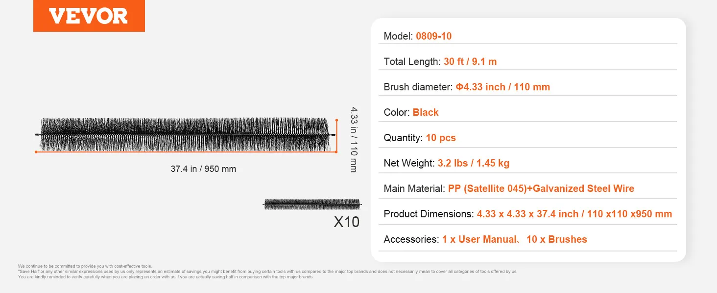 VEVOR gutter brush, 30 ft total length, black, brush diameter 4.33 in, 10 pcs set with user manual.
