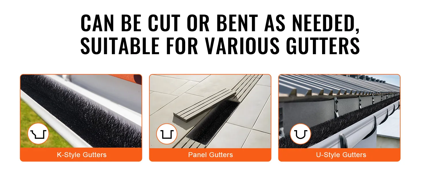 VEVOR gutter brush fits k-style, panel, and u-style gutters; flexible and customizable.