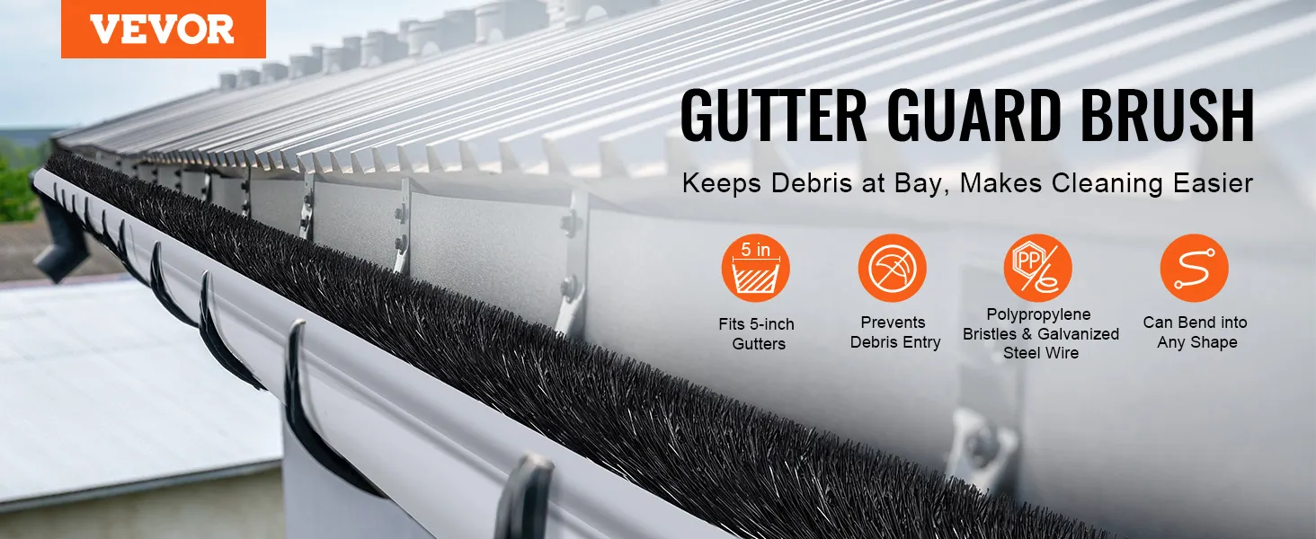 VEVOR gutter brush in 5-inch gutters, prevents debris, polypropylene bristles, bendable, easy cleaning.