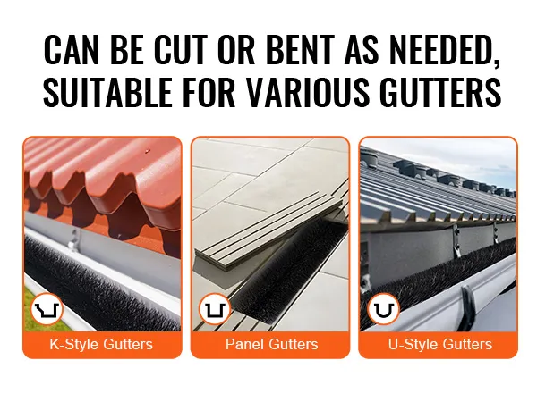 VEVOR gutter brush: flexible and suitable for k-style, panel, and u-style gutters.