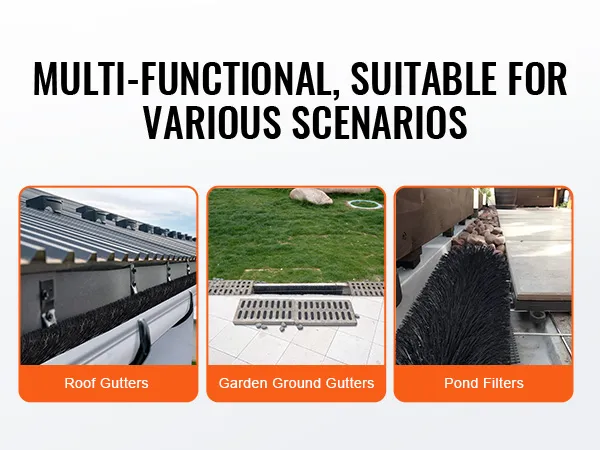VEVOR gutter brush in roof gutters, garden ground gutters, and pond filters for versatile applications.