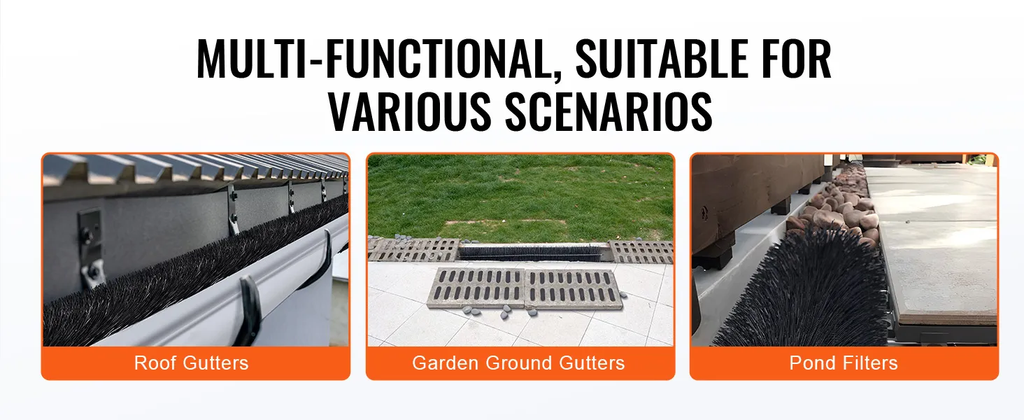 VEVOR gutter brush in roof gutters, garden ground gutters, and pond filters for versatile applications.