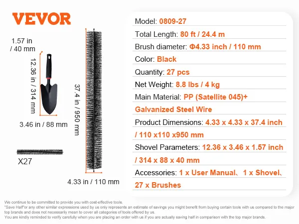 VEVOR gutter brush, 80 ft length, 4.33-inch diameter, black color, includes 27 brushes and a shovel.