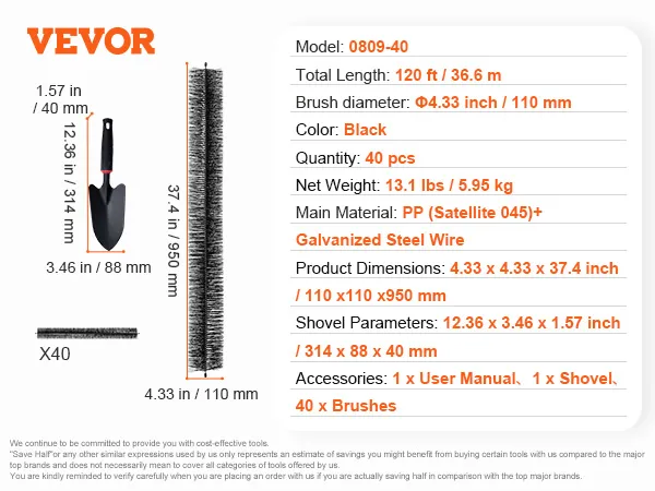 VEVOR gutter brush set includes 40 black brushes, a shovel, total length 120 ft, and user manual.