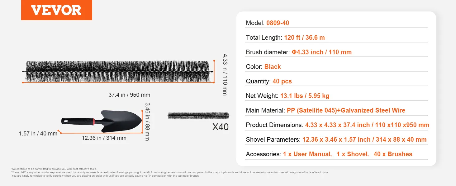 VEVOR gutter brush set includes 40 black brushes, a shovel, total length 120 ft, and user manual.