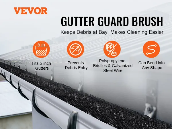 VEVOR gutter brush installed on a roof, prevents debris entry, fits 5-inch gutters, bends into any shape.