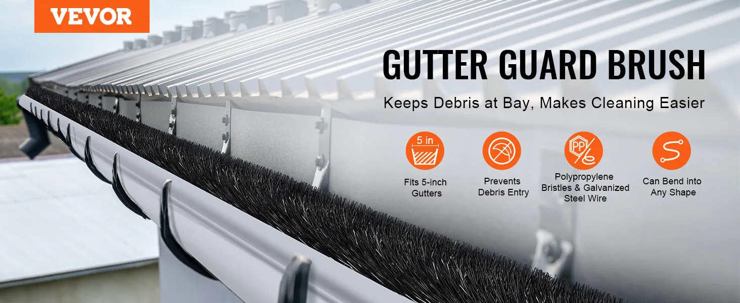 VEVOR gutter brush installed on a roof, prevents debris entry, fits 5-inch gutters, bends into any shape.