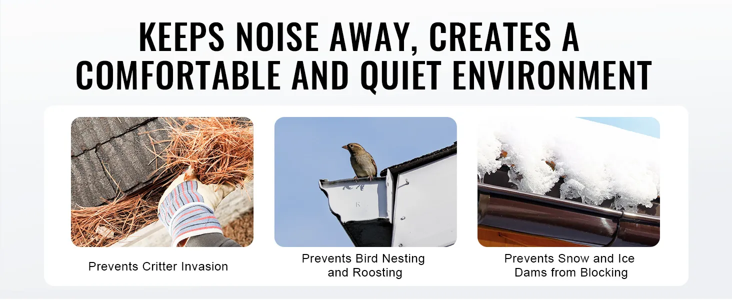 VEVOR gutter brush prevents critter invasion, bird nesting, and snow blockage for a quiet environment.