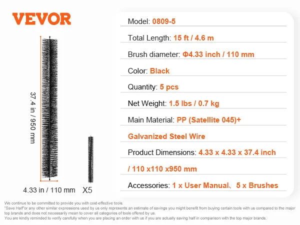 VEVOR gutter brush, 15ft total length, 4.33-inch diameter, 5 brushes, black, galvanized steel wire.